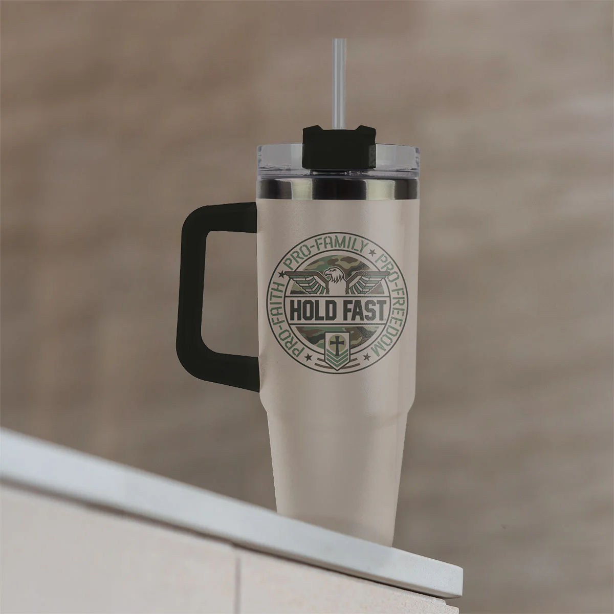 HOLD FAST 30 oz Stainless Steel Mug With Straw Pro Faith Eagle