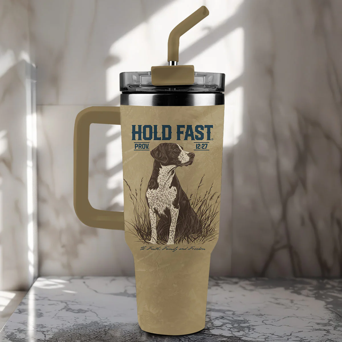 HOLD FAST 40 oz Stainless Steel Mug With Straw Hunting Dog