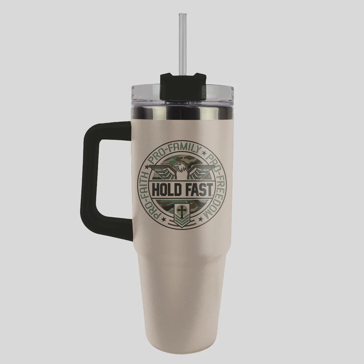HOLD FAST 30 oz Stainless Steel Mug With Straw Pro Faith Eagle